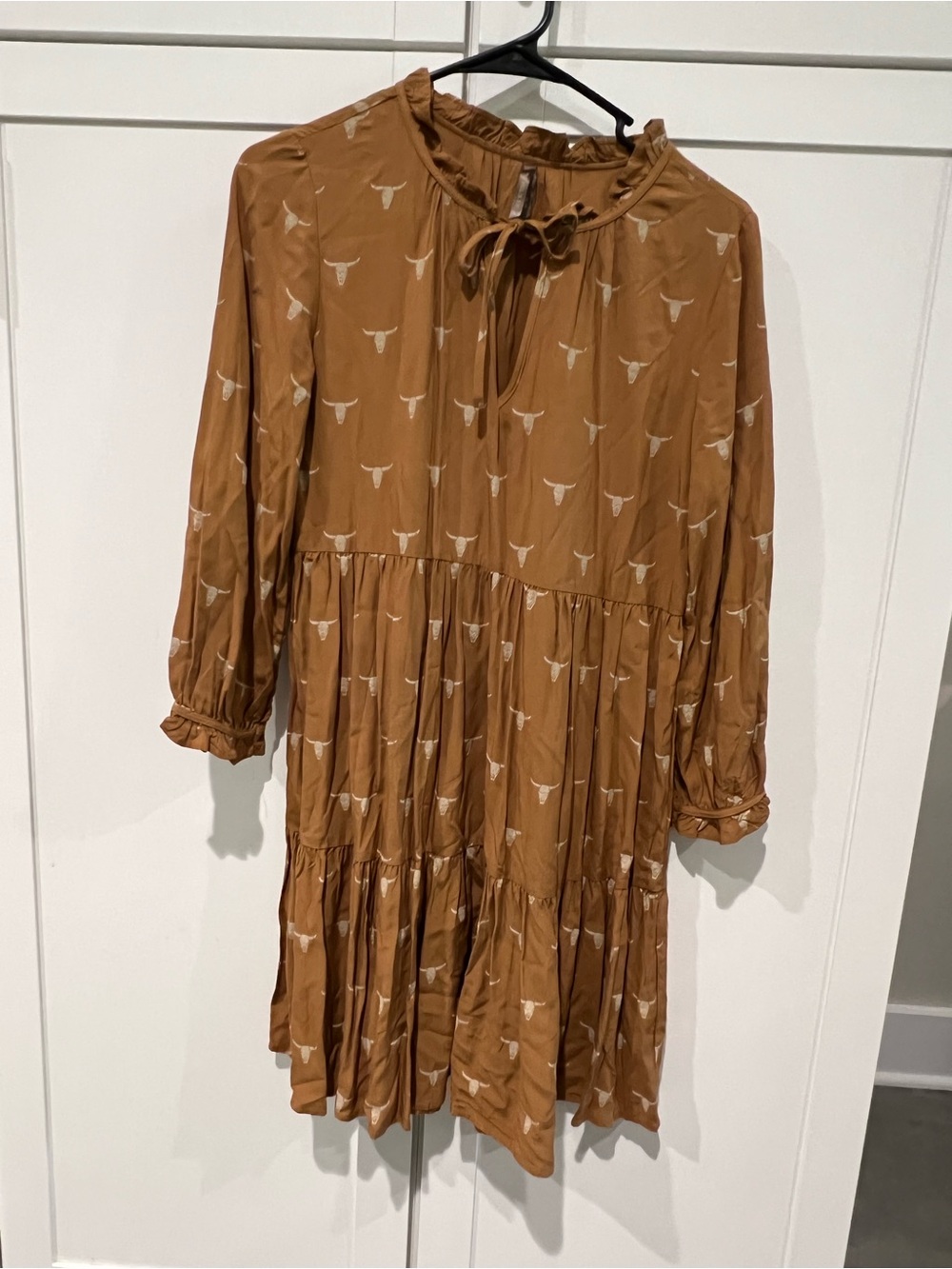 Rust Tiered Long Sleeve Dress with White Steer Print